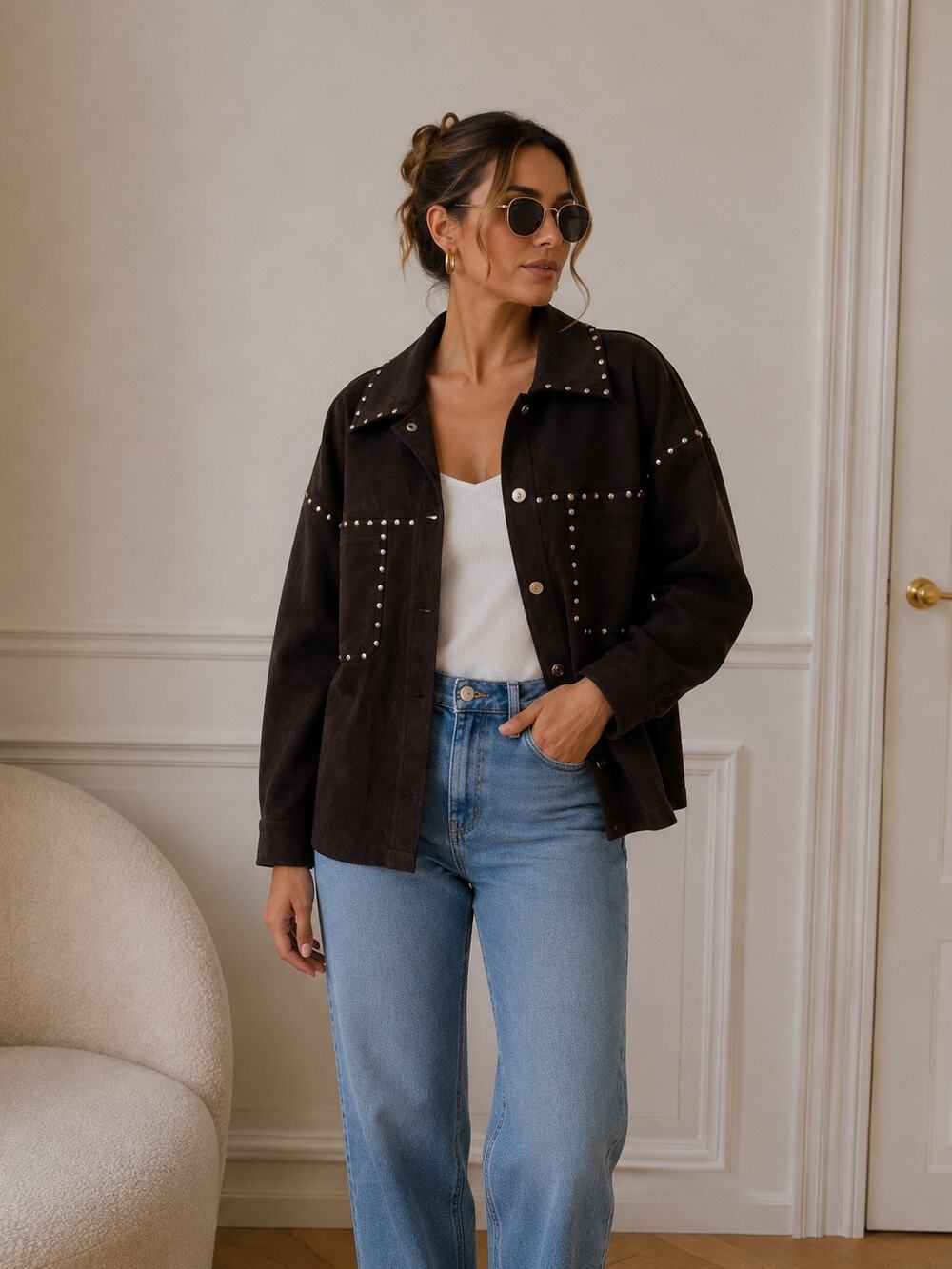 BRIT.NY Women’s Chocolate Brown Studded Faux Suede Shacket Jacket 2X NWT